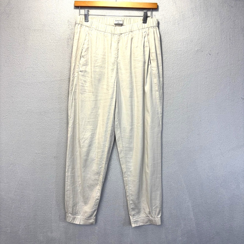 Babaton Aritzia Linen‎ Cotton Jogger Pants Womens Medium M Beige Elastic Stretch